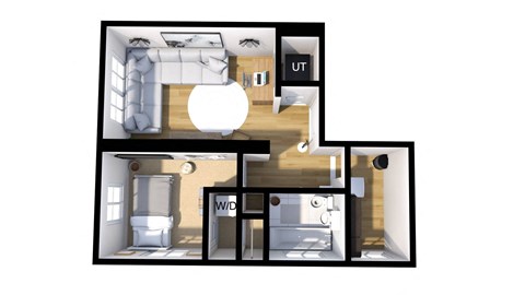 the living room floor plan with bedroom and bathroom